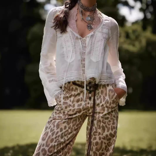 Lace U-shaped Lace Collar Long Sleeve Light Shirt