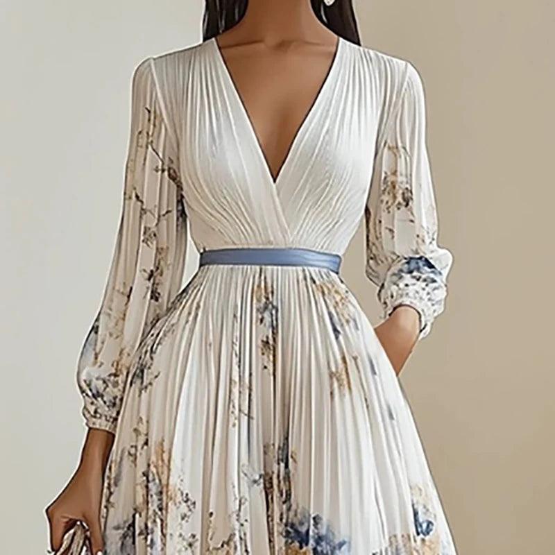 2025 Long Sleeve Boho Maxi Dress Woman Elegant Floral Print A-Line Pleated