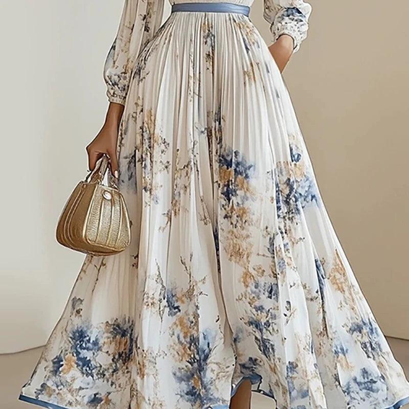 2025 Long Sleeve Boho Maxi Dress Woman Elegant Floral Print A-Line Pleated