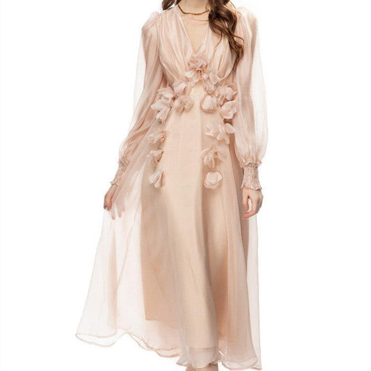 Long Sleeve Three-dimensional Embroidered Backless Voile Dress