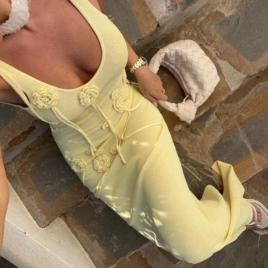 يااااه! فستان شاطئ نسائي بلون واحد، محبوك بنقشة زهور عائمة، غطاء بيكيني للشاطئ، ملابس واقية من الشمس.