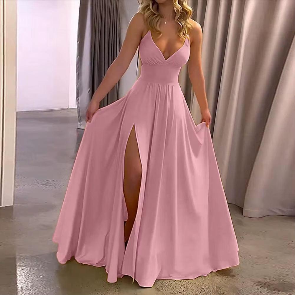 Women Ball Gown Split Hem Pleated Floor Length Evening Dress Low-Cut V Neck Backless High Waist