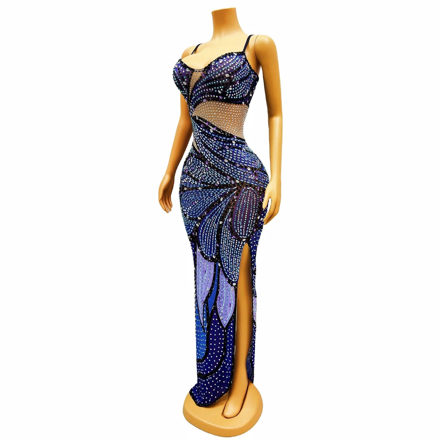 Suspender dress with sparkling diamond print fashionable slit slim fit