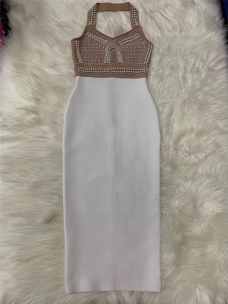 Elegant Black and White Sleeveless V-Neck Beaded Bandage Dress for Evening Events and Parties