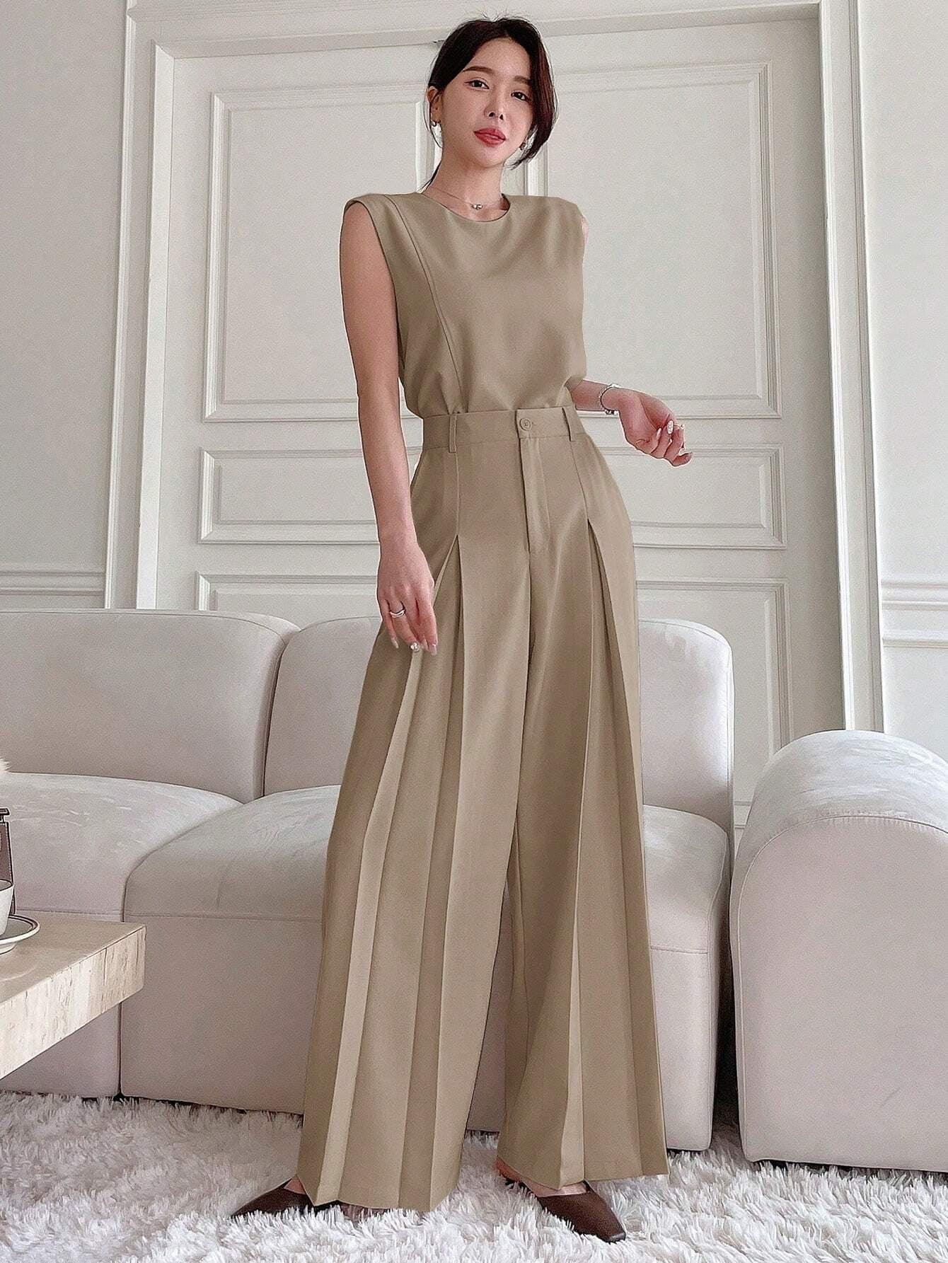 DAZY 2Pcs Sleeveless Split Top and Wide Leg Pants Set, Jumpsuit Summer