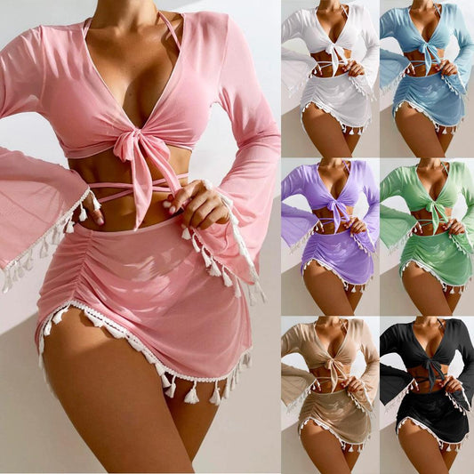 4pcs Solid Color Bikini With Short Skirt And Long Sleeve Cover-up Fashion Bow Tie Fringed