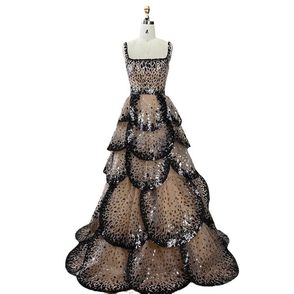 Black nude sequin tiered flanged halter dress