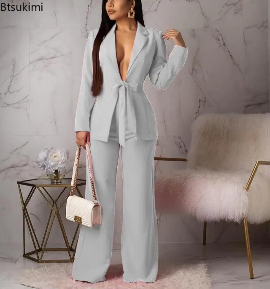 New 2025 Women'S Formal Business Suit Sets Office Wear Two Piece Blazer Pants Sets Professional Woman Suit with Waist Tied Sets