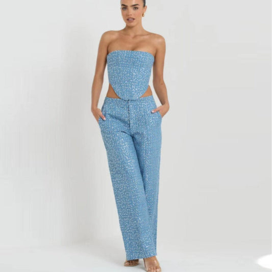 new ing fashion denim sequin spread chest wide leg pants