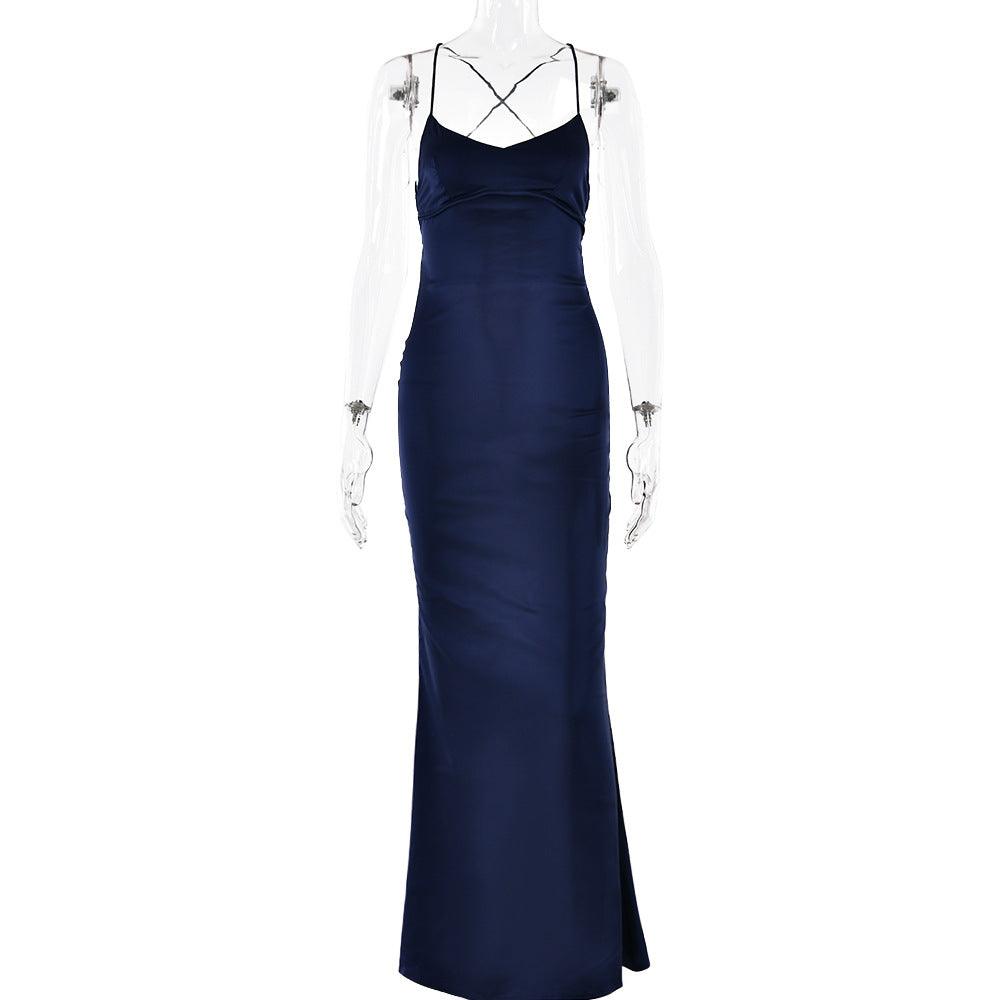 Women's  ribbon satin dress fall new fashion halter strap waist full skirt