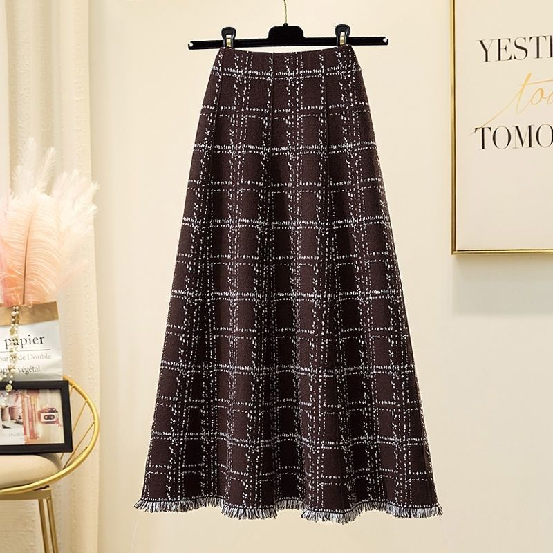 Fringed checkered skirt for women, high-waisted umbrella skirt