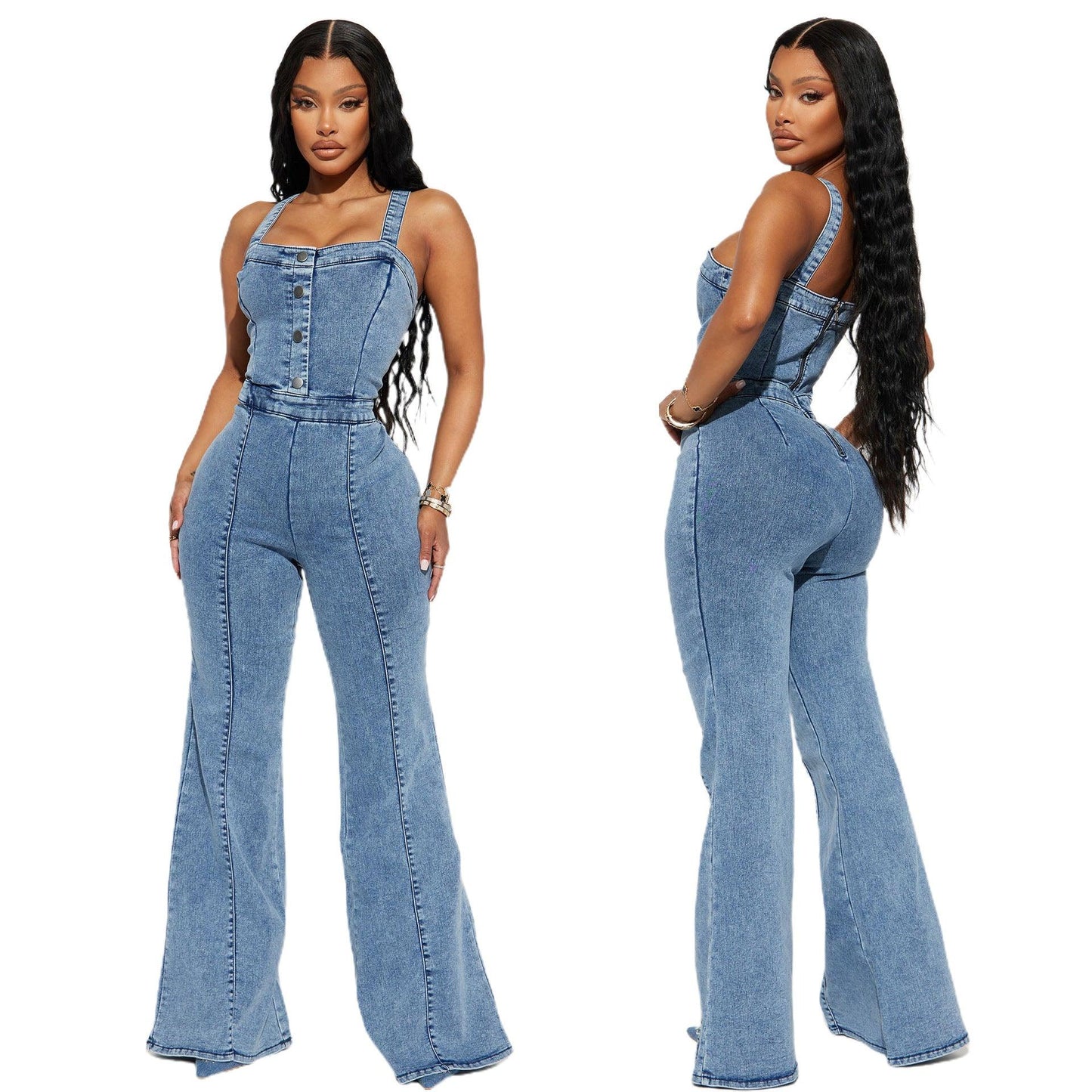Women's fashion casual  suspenders denim rompers wide leg pants flared pants