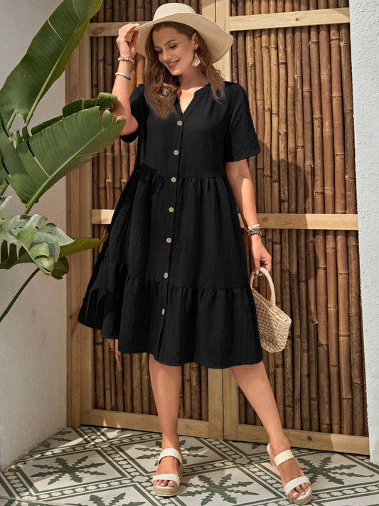 Women's Plus Size Buttoned Dress - Summer Casual V-Neck Short Sleeve Midi Dress