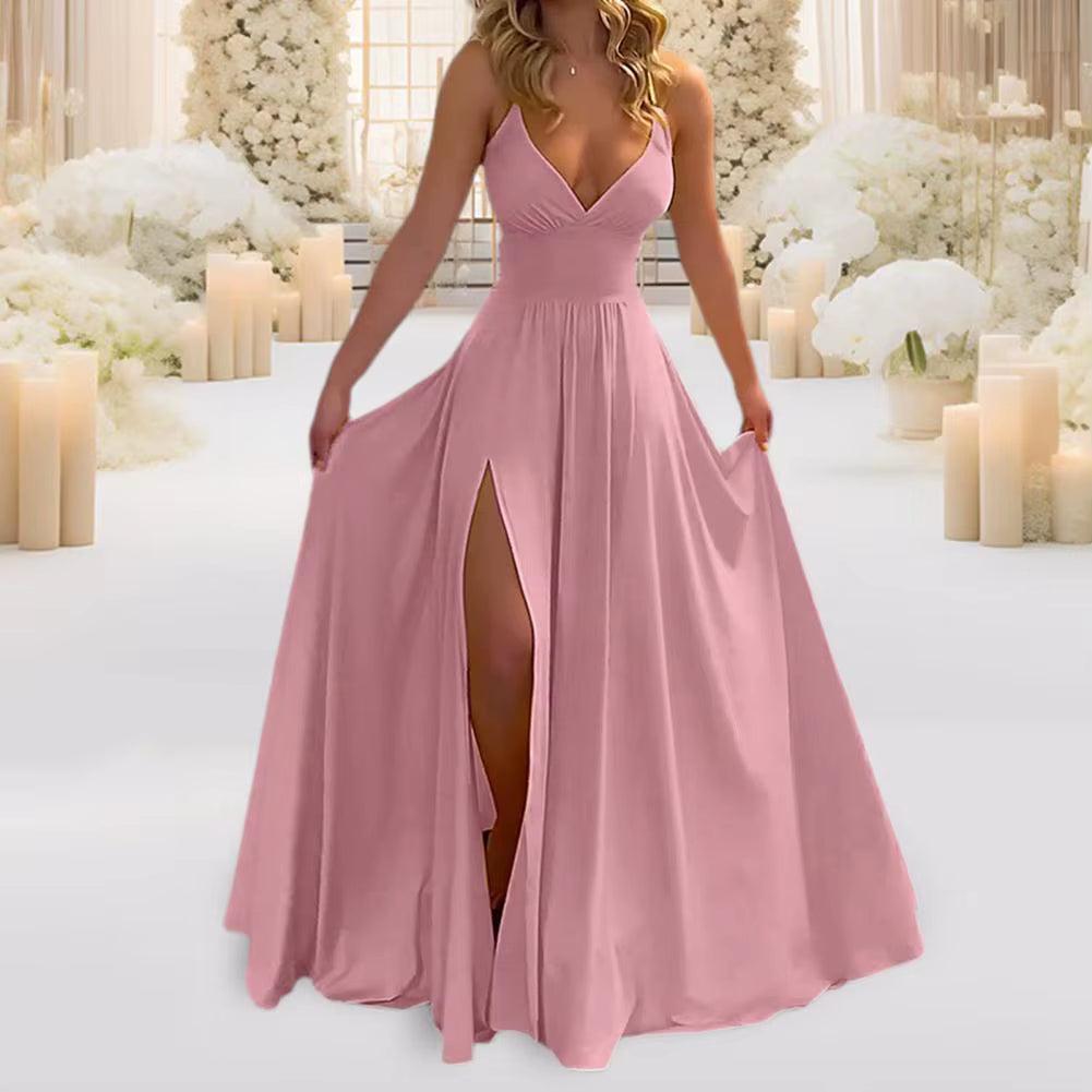 Women Ball Gown Split Hem Pleated Floor Length Evening Dress Low-Cut V Neck Backless High Waist