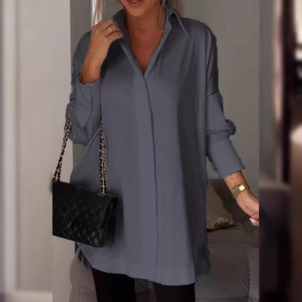 New Women'S Shirt Solid Color Casual Loose Breasted Shirt Elegant Asymmetrical Tops Tunic Solid Elegant Shirt