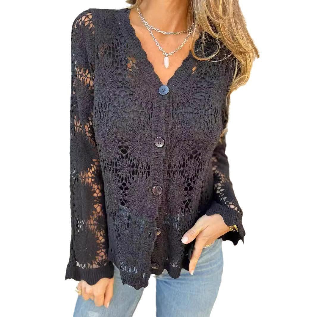 Women's Lace V-neck Long Sleeve Top