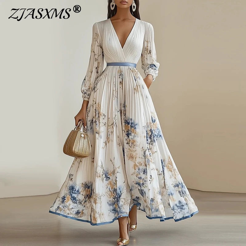 2025 Long Sleeve Boho Maxi Dress Woman Elegant Floral Print A-Line Pleated