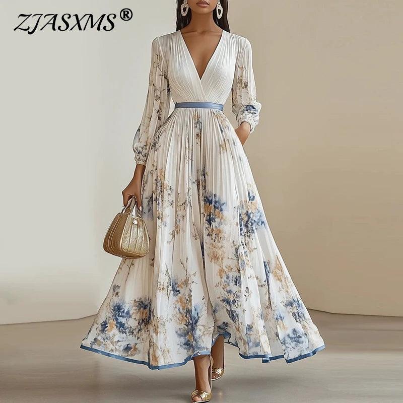 2025 Long Sleeve Boho Maxi Dress Woman Elegant Floral Print A-Line Pleated