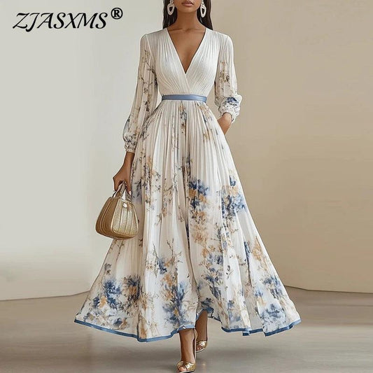 2025 Long Sleeve Boho Maxi Dress Woman Elegant Floral Print A-Line Pleated