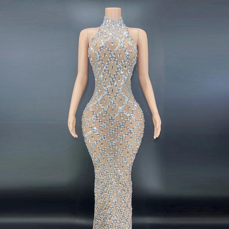 Shiny Rhinestone Silver Dress Women's Evening Party Gown