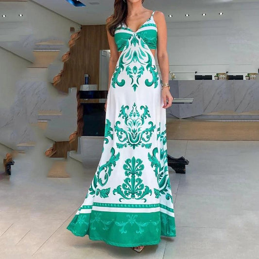 فستان نسائي صيفي كاجوال مطبوع بفتحات وحزام قابل للتمدد للبيع الساخن