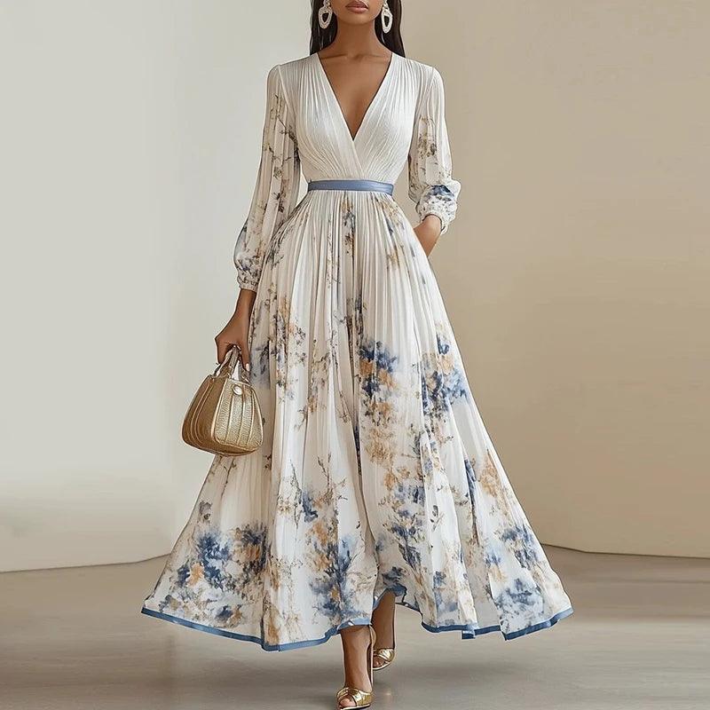 2025 Long Sleeve Boho Maxi Dress Woman Elegant Floral Print A-Line Pleated