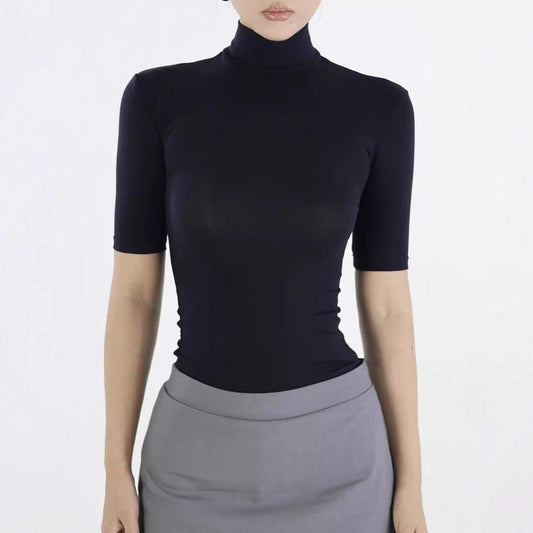 Retro Tencel Lycra Skin-friendly Turtleneck Shoulder Half Sleeve