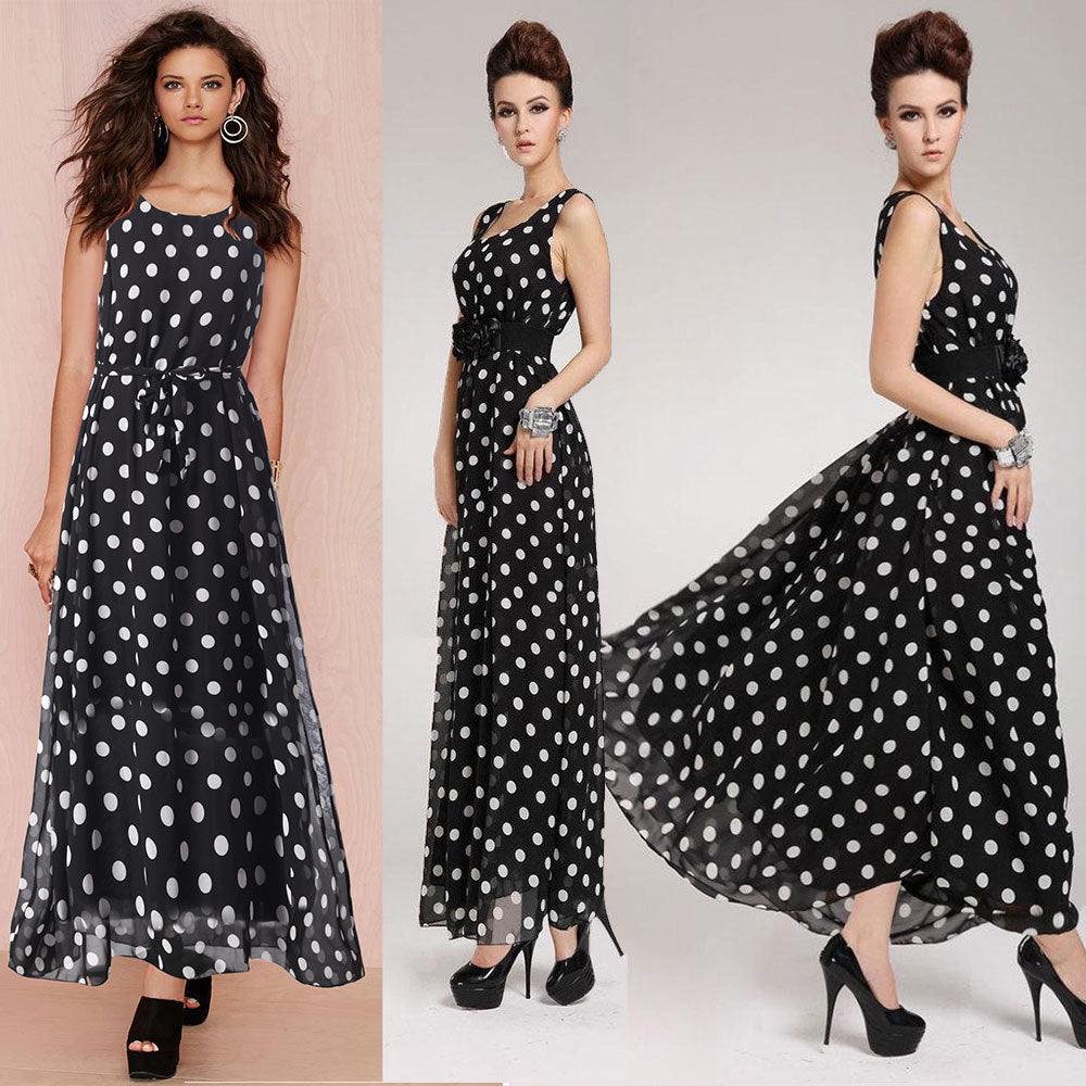 Black And White Polka Dot Chiffon Big Swing Suspender Dress