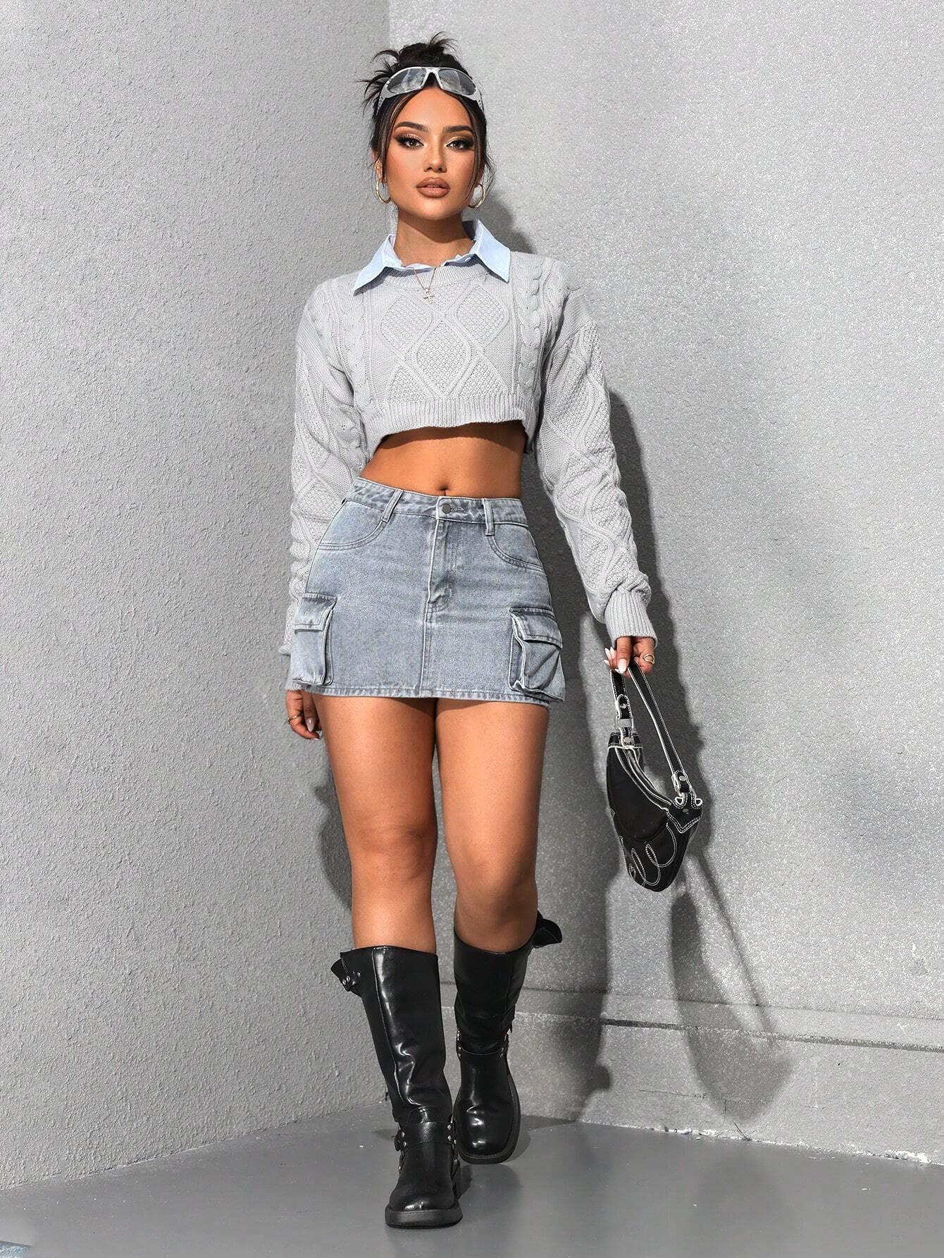 ICON Washed Fitted Mini Denim Cargo Skirt