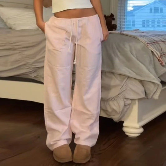 Streetwear Casual Tie Up Waist Wide Leg Trousers Women Pajamas Sleepwear