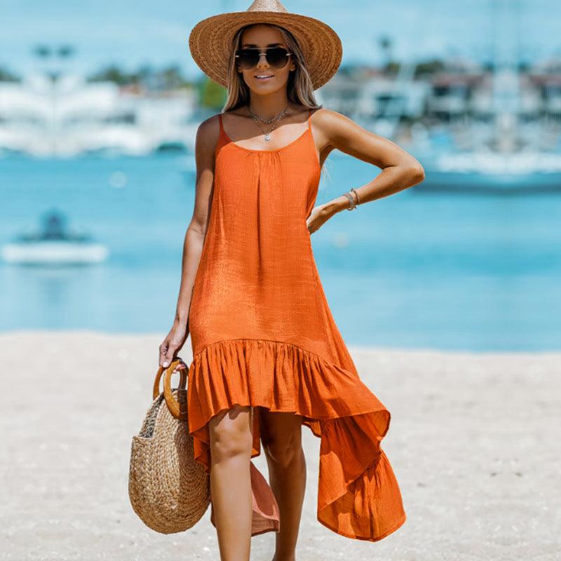 Women's Fashion Solid Color Sling Casual Irregular Dress