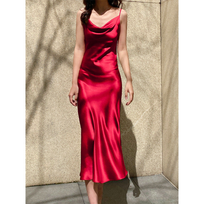 Acetate silk satin swing neck halter dress Summer