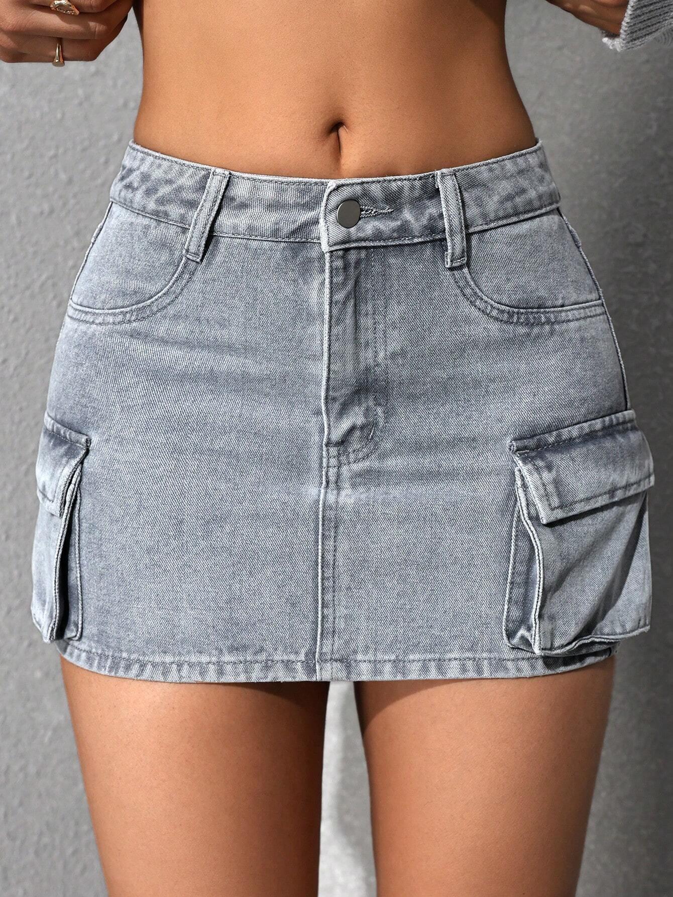 ICON Washed Fitted Mini Denim Cargo Skirt
