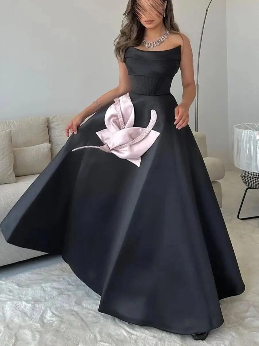 Exquisite Black Satin Evening Dress Temperament  Strapless Sleeveless