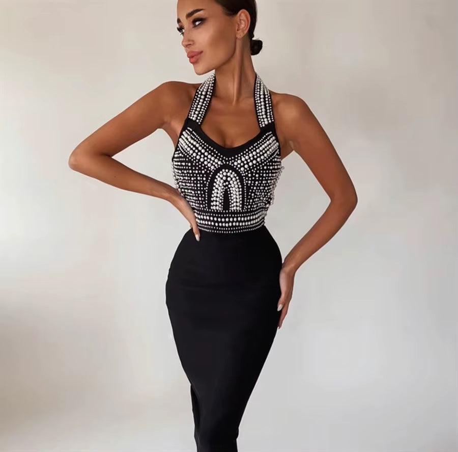 Elegant Black and White Sleeveless V-Neck Beaded Bandage Dress for Evening Events and Parties