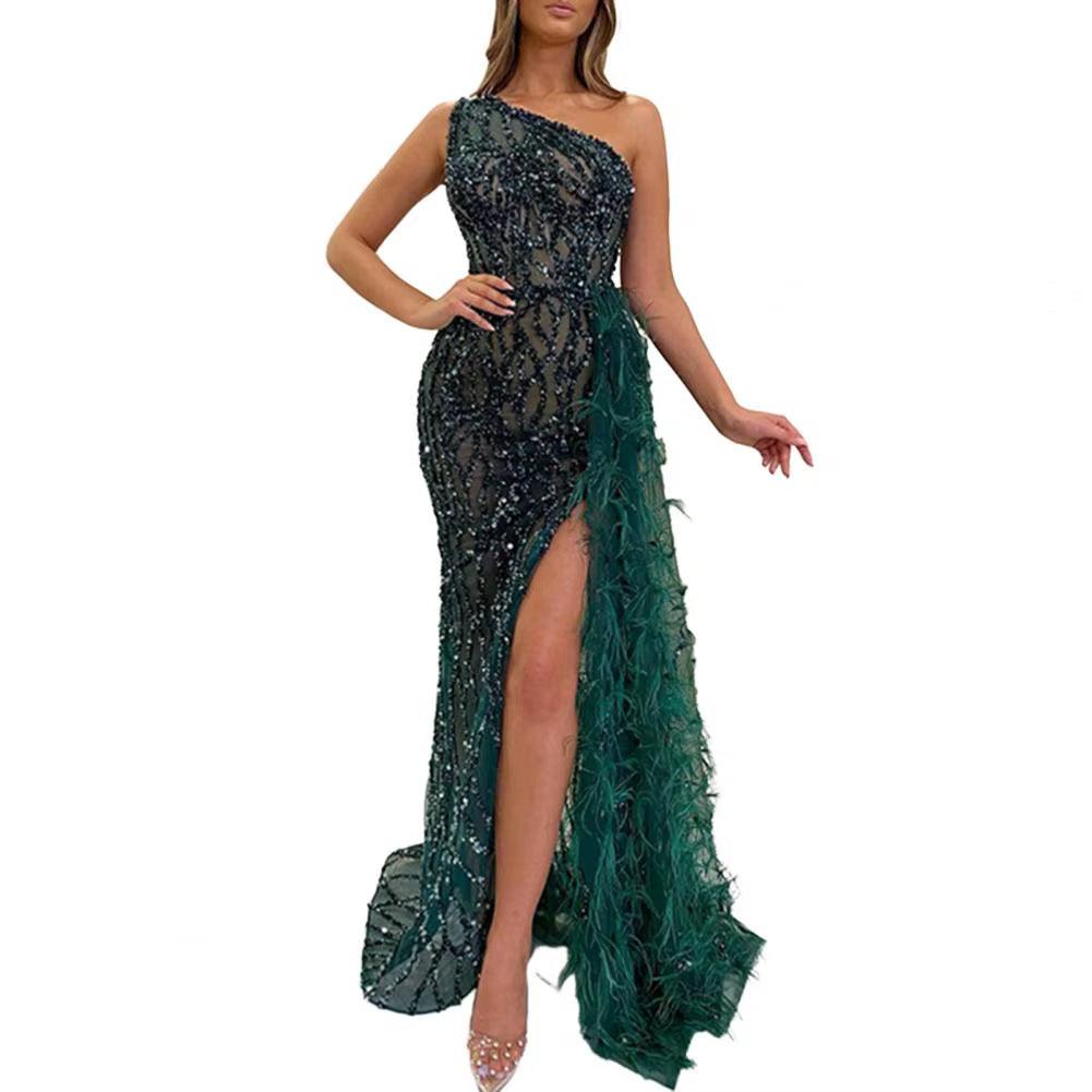 Women Bronzing Sequin Dress Elegant One Shoulder