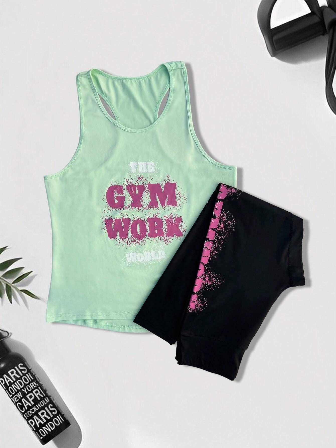 2Pcs Sports Set, Includes Car Style Top and Slogan Printed Leggings