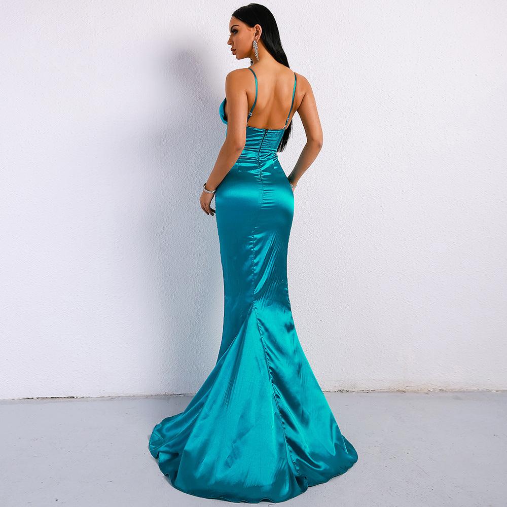 V-neck solid color sling backless ladies evening dress