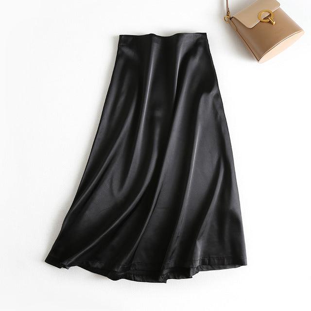 Summer Women Golden Satin Skirt Long Shiny Silk