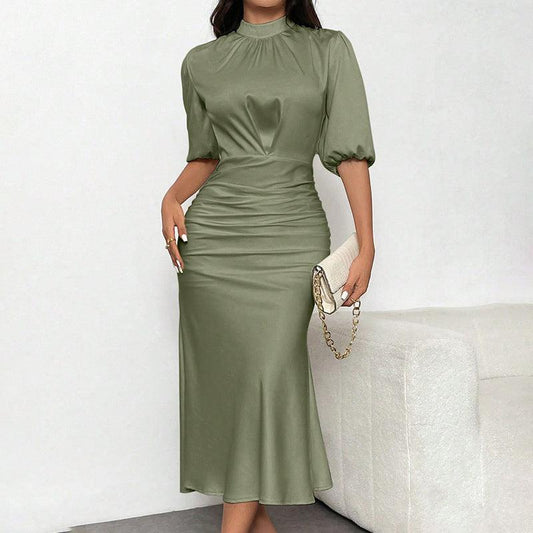 Women's Short Sleeve Mock Neck Ruched Midi Dress Slim Fit Elegant Party Dress