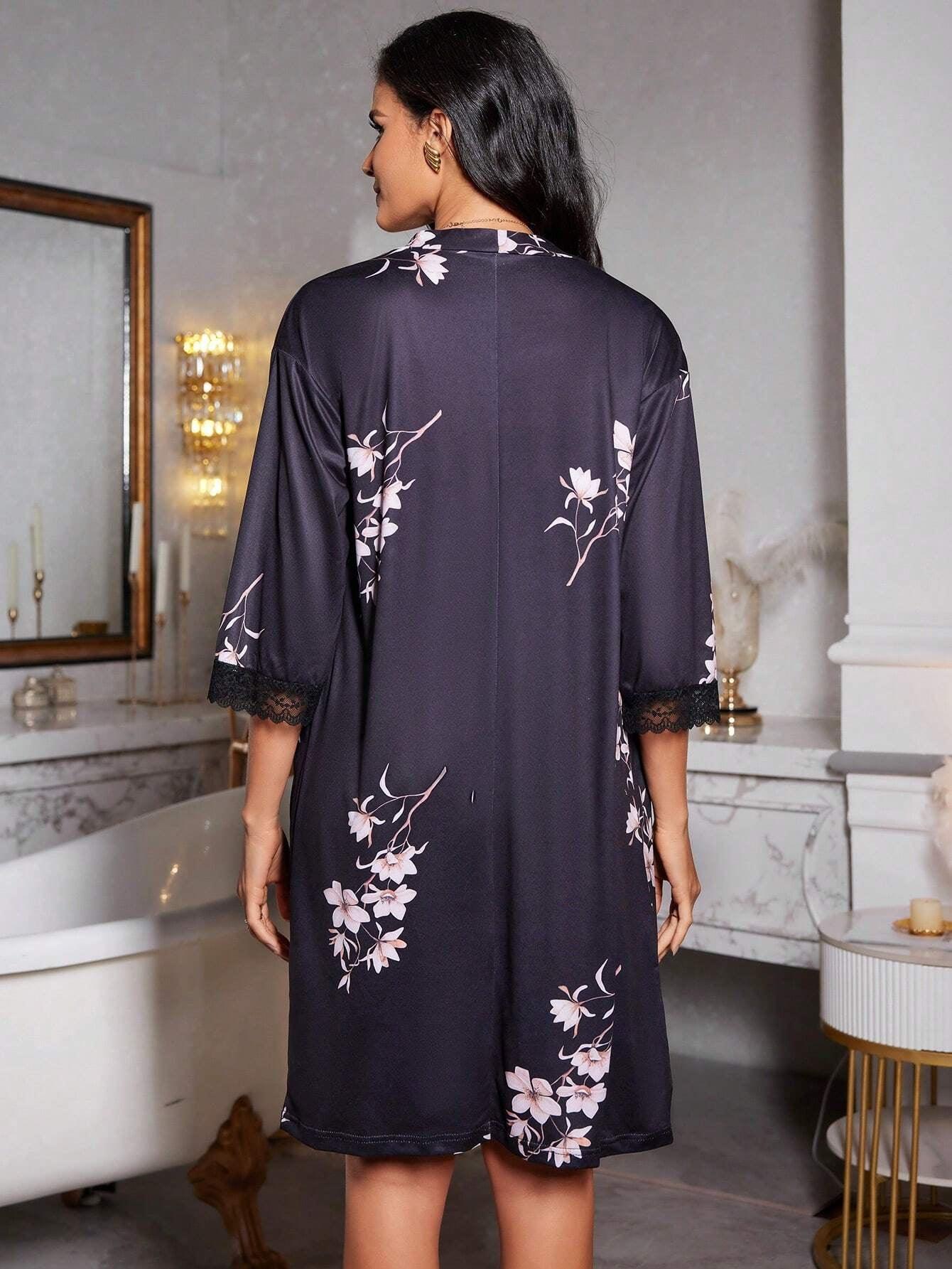 2Pcs Contrast Lace Printed Camisole Sleepwear Dress & Robe Set