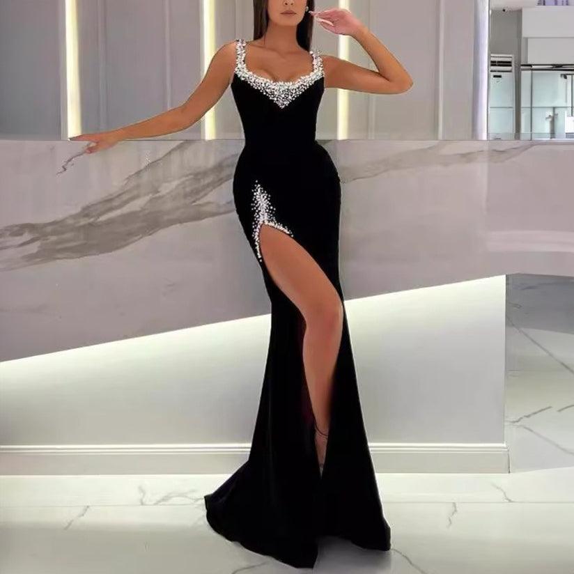 Tubeless long evening dress stage host luxury rhinestones