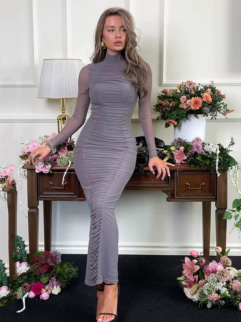 Elegant Double Layer Mesh Patchwork Long Sleeve Maxi Dress for Women - Perfect for Evening Parties and Club Events 2025