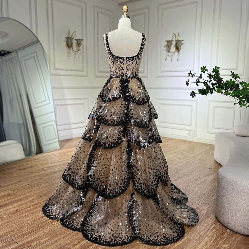 Black nude sequin tiered flanged halter dress
