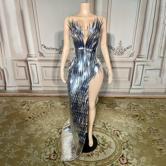 Luxury Evening Dress Sequined Design Side Slit Tail Slim Temperament