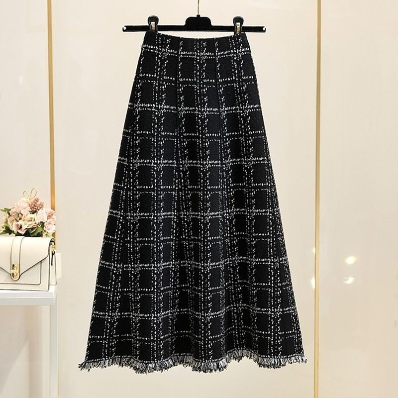 Fringed checkered skirt for women, high-waisted umbrella skirt