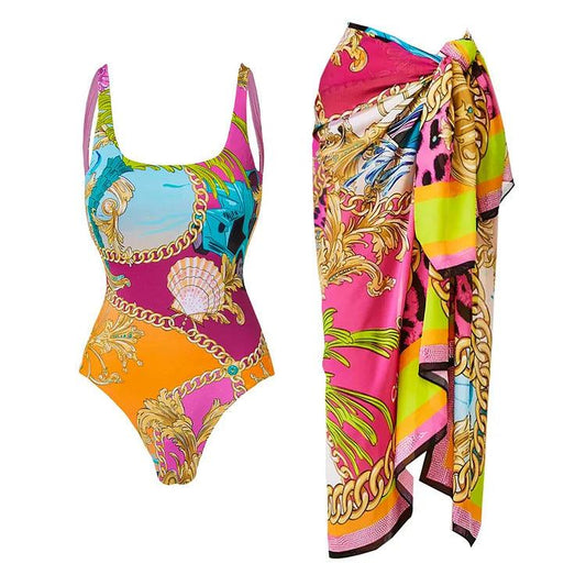 print contrasting one-piece swimsuit set for women