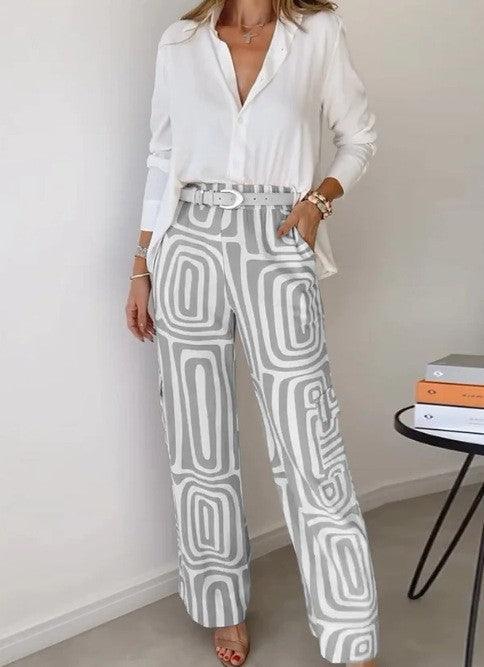 Casual women's digital print commuter shirt loose trousers two-piece set with belt