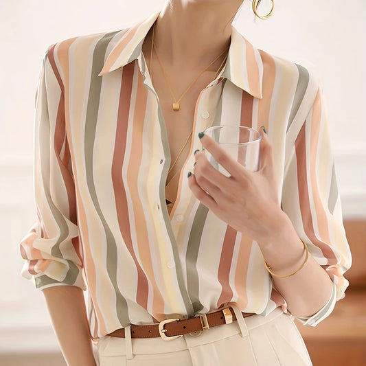 Women'S Casual Shirt 2025 New Color Striped Printed Shirt Summer