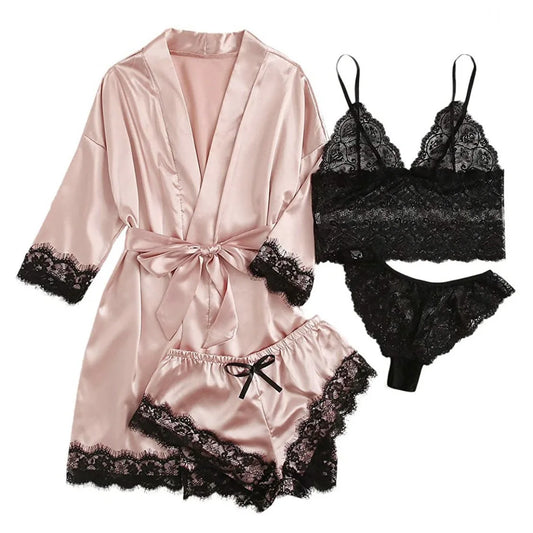 Fashion Sleepwear Four Piece Set, Sexy Lace Trimmed Satin Suspender Set, Dress, Comfortable Casual Nightgown